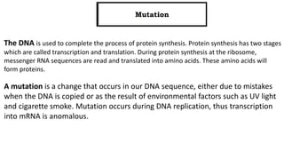 The DNA is used to complete the process of protein synthesis. Protein synthesis has two stages
which are called transcription and translation. During protein synthesis at the ribosome,
messenger RNA sequences are read and translated into amino acids. These amino acids will
form proteins.
A mutation is a change that occurs in our DNA sequence, either due to mistakes
when the DNA is copied or as the result of environmental factors such as UV light
and cigarette smoke. Mutation occurs during DNA replication, thus transcription
into mRNA is anomalous.
 