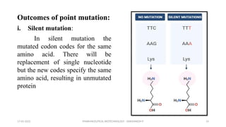 PHARMACEUTICAL BIOTECHNOLOGY - DAKSHINESH P 14
Outcomes of point mutation:
i. Silent mutation:
In silent mutation the
mutated codon codes for the same
amino acid. There will be
replacement of single nucleotide
but the new codes specify the same
amino acid, resulting in unmutated
protein
17-02-2022
 