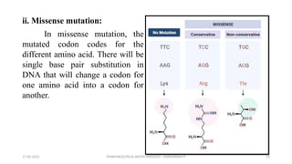 PHARMACEUTICAL BIOTECHNOLOGY - DAKSHINESH P 15
ii. Missense mutation:
In missense mutation, the
mutated codon codes for the
different amino acid. There will be
single base pair substitution in
DNA that will change a codon for
one amino acid into a codon for
another.
17-02-2022
 