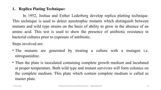 PHARMACEUTICAL BIOTECHNOLOGY - DAKSHINESH P 20
1. Replica Plating Technique:
In 1952, Joshua and Esther Lederberg develop replica platting technique.
This technique is used to detect auxotrophic mutants which distinguish between
mutants and wild type strains on the basis of ability to grow in the absence of an
amino acid. This test is used to show the presence of antibiotic resistance in
bacterial cultures prior to exposure of antibiotic.
Steps involved are:
• The mutants are generated by treating a culture with a mutagen i.e.
nitroguanidine.
• Then the plate is inoculated containing complete growth medium and incubated
at proper temperature. Both wild type and mutant survivors will form colonies on
the complete medium. This plate which contain complete medium is called as
master plate.
17-02-2022
 