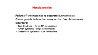 Nondisjunction
• Failure of chromosomes to separate during meiosis
• Causes gamete to have too many or too few chromosomes
• Disorders:
– Down Syndrome – three 21st chromosomes
– Turner Syndrome – single X chromosome
– Klinefelter’s Syndrome – XXY chromosome
 