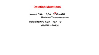Normal DNA: CGA – TGC – ATC
Alanine – Threonine – stop
Mutated DNA: CGA – TCA- TC
Alanine – Serine
Deletion Mutations
 
