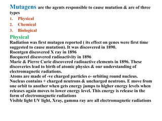Mutagens are the agents responsible to cause mutation & are of three
types
1. Physical
2. Chemical
3. Biological
Physical
Radiation was first mutagen reported ( its effect on genes were first time
suggested to cause mutation). It was discovered in 1890.
Roentgen discovered X ray in 1896
Bacquerel discovered radioactivity in 1896
Marie & Pierre Curie discovered radioactive elements in 1896. These
discoveries lead to birth of atomic physics & our understanding of
electromagnetic radiations.
Atoms are made of -ve charged particles e- orbiting round nucleus.
Nucleus contains + charged neutrons & uncharged neutrons. E move from
one orbit to another when gets energy jumps to higher energy levels when
releases again moves to lower energy level. This energy is release in the
form of electromagnetic radiations
Visible light UV light, Xray, gamma ray are all electromagnetic radiations
 