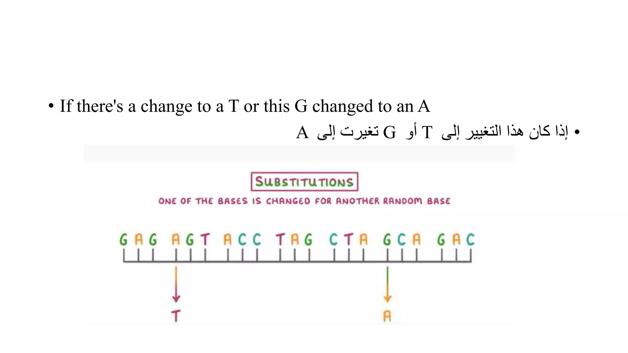 • If there's a change to a T or this G changed to an A
•
‫إلى‬ ‫التغيير‬ ‫هذا‬ ‫كان‬ ‫إذا‬
T
‫أو‬
G
‫إلى‬ ‫تغيرت‬
A
 
