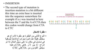 • INSERTION
• The second type of mutation is
insertion mutation is a bit different
this time an extra base is inserted
into the sequence somewhere for
example if a c was inserted in here
between the T and the A of CTA then
this codon would change from CTA
to CTC
•
‫اإلدخال‬ ‫طفرة‬
•
‫هو‬ ‫اإلدراج‬ ‫طفرة‬ ‫هو‬ ‫الطفرة‬ ‫من‬ ‫الثاني‬ ‫النوع‬
‫إضاف‬ ‫قاعدة‬ ‫إدراج‬ ‫يتم‬ ‫المرة‬ ‫هذه‬ ‫قليال‬ ‫مختلف‬
‫ية‬
‫المثال‬ ‫سبيل‬ ‫على‬ ‫ما‬ ‫مكان‬ ‫في‬ ‫تسلسل‬ ‫في‬
‫تم‬ ‫إذا‬
‫إدراج‬
C
‫بين‬
T
‫و‬
A
‫في‬
CTA
‫وعليه‬
‫من‬ ‫الكودون‬ ‫سيتغير‬
CTA
‫إلى‬
CTC
 