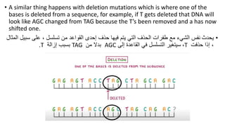 • A similar thing happens with deletion mutations which is where one of the
bases is deleted from a sequence, for example, if T gets deleted that DNA will
look like AGC changed from TAG because the T’s been removed and a has now
shifted one.
•
‫يحدث‬
‫مع‬ ‫الشيء‬ ‫نفس‬
‫س‬ ‫على‬ ، ‫تسلسل‬ ‫من‬ ‫القواعد‬ ‫إحدى‬ ‫حذف‬ ‫فيها‬ ‫يتم‬ ‫التي‬ ‫الحذف‬ ‫طفرات‬
‫المثال‬ ‫بيل‬
‫إذا‬ ،
‫حذفت‬
T
،
‫إلى‬ ‫القاعدة‬ ‫في‬ ‫التسلسل‬ ‫سيتغير‬
AGC
‫من‬ ‫بدال‬
TAG
‫إزالة‬ ‫بسبب‬
T
.
 