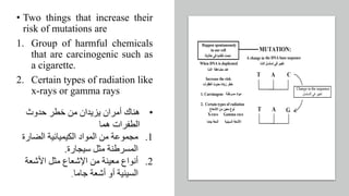 • Two things that increase their
risk of mutations are
1. Group of harmful chemicals
that are carcinogenic such as
a cigarette.
2. Certain types of radiation like
x-rays or gamma rays
•
‫حدوث‬ ‫خطر‬ ‫من‬ ‫يزيدان‬ ‫أمران‬ ‫هناك‬
‫هما‬ ‫الطفرات‬
.1
‫الضارة‬ ‫الكيميائية‬ ‫المواد‬ ‫من‬ ‫مجموعة‬
‫سيجارة‬ ‫مثل‬ ‫المسرطنة‬
.
.2
‫األشعة‬ ‫مثل‬ ‫اإلشعاع‬ ‫من‬ ‫معينة‬ ‫أنواع‬
ِ ‫جاما‬ ‫أشعة‬ ‫أو‬ ‫السينية‬
 