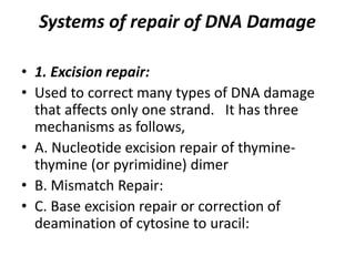 Systems of repair of DNA Damage
• 1. Excision repair:
• Used to correct many types of DNA damage
that affects only one strand. It has three
mechanisms as follows,
• A. Nucleotide excision repair of thymine-
thymine (or pyrimidine) dimer
• B. Mismatch Repair:
• C. Base excision repair or correction of
deamination of cytosine to uracil:
 