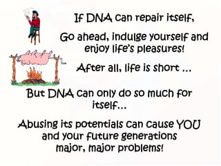 If DNA can repair itself,
        Go ahead, indulge yourself and
            enjoy life’s pleasures!
           After all, life is short …

 But DNA can only do so much for
            itself…
Abusing its potentials can cause YOU
    and your future generations
       major, major problems!
 