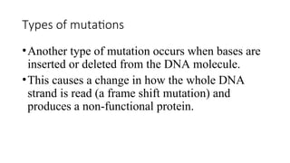 Types of mutations
•Another type of mutation occurs when bases are
inserted or deleted from the DNA molecule.
•This causes a change in how the whole DNA
strand is read (a frame shift mutation) and
produces a non-functional protein.
 