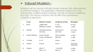  Induced Mutation:-
Mutations can be induced artificially through treatment with either physical
or chemical mutagens. The exploitation of induced mutations for crop
improvement is called mutation breeding. The rate of induced mutations is
very high. The induced mutations did not differ from spontaneous
mutations in expression.
 
