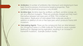  Antibiotics: A number of antibiotics like mitomycin and streptomycin have
been found to possess chromosome breaking properties. Their
usefulness for practical purposes is very limited.
 Acridine dyes: Acridine dyes Eg: proflavin, acriflavin, acridine orange, etc.
are very effective mutagens. These are positively charged and they insert
themselves between two base pairs of DNA. This is known as
intercalation. Replication of intercalated DNA molecules results in
addition or deletion of one or few base pairs which produces frame shift
mutations.
 Intercalating Agents: These are the compounds that can slide between
the nitrogenous bases in a DNA molecule.This tends to cause a greater
likelihood for slippage during replication, resulting in an increase in
frameshift mutations. Example (Sodium Azide)
 