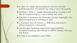  In 1927, H.J. Muller demonstrated for the first time the
artificial induction of mutations by using x-rays in Drosophila.
 Similarly in 1928, L.J. Stadler demonstrated an increase in the
rate of mutations due to x-rays in barley and maize.
 Induction of mutations by chemicals in fungus Aspergillus was
demonstrated by R.A. Steinberg in 1939.
 C. Auerbach and J.N. Robson in 1946 used chemicals to
induce mutations in Drosophila.
 The first plant breeding programme using mutations
(mutation breeding) was initiated in 1929 in Sweden, Germany
and Russia.
 In India it was initiated in early 1930s.
 