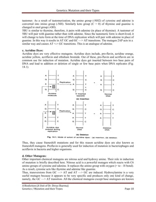 Genetics: Mutation and their Types
A Biodiction (A Unit of Dr. Divya Sharma)
Genetics / Mutation and their Types Page 18
tautomer. As a result of tautomerization, the amino group (-NH2) of cytosine and adenine is
converted into imino group (-NH). Similarly keto group (C = 0) of thymine and guanine is
changed to enol group (-OH).
5BU is similar to thymine, therefore, it pairs with adenine (in place of thymine). A tautomer of
5BU will pair with guanine rather than with adenine. Since the tautomeric form is short-lived, it
will change to keto form at the time of DNA replication which will pair with adenine in place of
guanine. In this way it results in AT GC and GC —> AT transitions. The mutagen 2AP acts in a
similar way and causes AT <-> GC transitions. This is an analogue of adenine.
c. Acridine Dyes:
Acridine dyes are very effective mutagens. Acridine dyes include, pro-flavin, acridine orange,
acridine yellow, acriflavin and ethidium bromide. Out of these, pro-flavin and acriflavin are in
common use for induction of mutation. Acridine dyes get inserted between two base pairs of
DNA and lead to addition or deletion of single or few base pairs when DNA replicates (Fig.
14.1).
Thus, they cause frameshift mutations and for this reason acridine dyes are also known as
frameshift mutagens. Proflavin is generally used for induction of mutation in bacteriophages and
acriflavin in bacteria and higher organisms.
d. Other Mutagens:
Other important chemical mutagens are nitrous acid and hydroxy amine. Their role in induction
of mutation is briefly described here. Nitrous acid is a powerful mutagen which reacts with C6
amino groups of cytosine and adenine. It replaces the amino group with oxygen (+ to – H bond).
As a result, cytosine acts like thymine and adenine like guanine.
Thus, transversions from GC —> AT and AT —> GC are induced. Hydroxylamine is a very
useful mutagen because it appears to be very specific and produces only one kind of change,
namely, the GC —> AT transition. All the chemical mutagens except base analogues are known
 