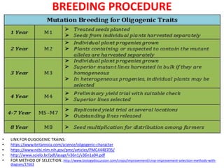 BREEDING PROCEDURE
• LINK FOR OLIGOGENIC TRAINS:
• https://www.britannica.com/science/oligogenic-character
• https://www.ncbi.nlm.nih.gov/pmc/articles/PMC4448705/
• http://www.scielo.br/pdf/asagr/v36n1/v36n1a04.pdf
• FOR METHOD OF SELECTION: http://www.biologydiscussion.com/crops/improvement/crop-improvement-selection-methods-with-
diagram/17663
 