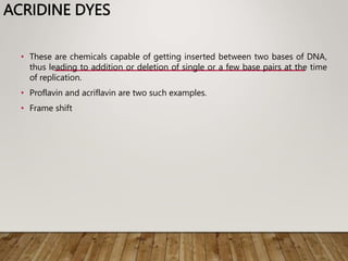 ACRIDINE DYES
• These are chemicals capable of getting inserted between two bases of DNA,
thus leading to addition or deletion of single or a few base pairs at the time
of replication.
• Proflavin and acriflavin are two such examples.
• Frame shift
 