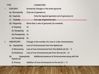TYPE CHARACTERS
1. EUPLOIDY Numerical changes in the entire genome
(a) Monoploidy Only set of gamete (x)
(b) Haploidy Only the haploid (gametic) set of genomes (n)
(c) Diploidy Two sets of genomes (2x)
(d) Polyploidy More than 2 sets of genomes (3x onwards)
(i) Triploidy 3x
(ii) Tetraploidy 4x
(iii) Pentaploidy 5x
(iv) Hexaploidy 6x
2. ANEUPLOIDY Change in the number of a one or a few chromosomes
(a) Hypoploidy Loss of chromosomes from the diploid set
(i) Monosomy Loss of one chromosome from the diploid set (2n - 1)
(ii) Nullisomy Loss of one chromosome pair from the set (2n - 2)
(b) Hyperploidy Additional presence of chromosomes along with the
diploid set
(i) Trisomy Addition of one chromosome to the set (2n + 1)
(ii) Tetrasomy Addition of one pair of chromosomes (2n + 2)
 