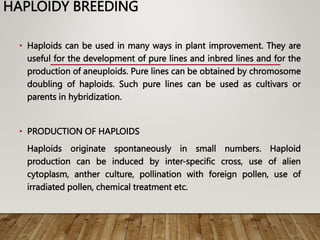 HAPLOIDY BREEDING
• Haploids can be used in many ways in plant improvement. They are
useful for the development of pure lines and inbred lines and for the
production of aneuploids. Pure lines can be obtained by chromosome
doubling of haploids. Such pure lines can be used as cultivars or
parents in hybridization.
• PRODUCTION OF HAPLOIDS
Haploids originate spontaneously in small numbers. Haploid
production can be induced by inter-specific cross, use of alien
cytoplasm, anther culture, pollination with foreign pollen, use of
irradiated pollen, chemical treatment etc.
 