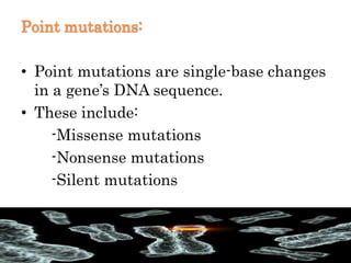Point mutations:
• Point mutations are single-base changes
in a gene’s DNA sequence.
• These include:
-Missense mutations
-Nonsense mutations
-Silent mutations
 