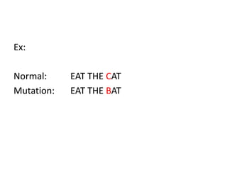 Ex:

Normal:     EAT THE CAT
Mutation:   EAT THE BAT
 