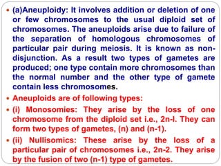  (a)Aneuploidy: It involves addition or deletion of one
or few chromosomes to the usual diploid set of
chromosomes. The aneuploids arise due to failure of
the separation of homologous chromosomes of
particular pair during meiosis. It is known as non-
disjunction. As a result two types of gametes are
produced; one type contain more chromosomes than
the normal number and the other type of gamete
contain less chromosomes.
 Aneuploids are of following types:
 (i) Monosomies: They arise by the loss of one
chromosome from the diploid set i.e., 2n-l. They can
form two types of gametes, (n) and (n-1).
 (ii) Nullisomics: These arise by the loss of a
particular pair of chromosomes i.e., 2n-2. They arise
by the fusion of two (n-1) type of gametes.
 