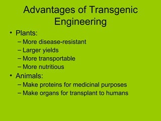 Advantages of Transgenic
          Engineering
• Plants:
  – More disease-resistant
  – Larger yields
  – More transportable
  – More nutritious
• Animals:
  – Make proteins for medicinal purposes
  – Make organs for transplant to humans
 