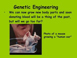 Genetic Engineering
•   We can now grow new body parts and soon
    donating blood will be a thing of the past,
    but will we go too far?



                           Photo of a mouse
                           growing a "human ear"
 