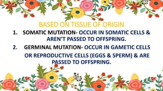 BASED ON TISSUE OF ORIGIN
1. SOMATIC MUTATION- OCCUR IN SOMATIC CELLS &
AREN’T PASSED TO OFFSPRING.
2. GERMINAL MUTATION- OCCUR IN GAMETIC CELLS
OR REPRODUCTIVE CELLS (EGGS & SPERM) & ARE
PASSED TO OFFSPRING.
 
