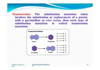 Transversion: The substitution mutation when
involves the substitution or replacement of a purine
with a pyrimidine or vice versa, then such type of
substitution mutation is called transversion
mutation.
Tuesday, August 27,
2019
www.hbmahesh.weebly.co
m
22
 