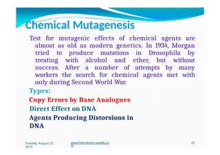 Chemical Mutagenesis
Test for mutagenic effects of chemical agents are
almost as old as modern genetics. In 1934, Morgan
tried to produce mutations in Drosophila by
treating with alcohol and ether, but without
success. After a number of attempts by many
workers the search for chemical agents met with
only during Second World War.
Types:
Copy Errors by Base Analogues
Direct Effect on DNA
Agents Producing Distorsions in
DNA
Tuesday, August 27,
2019
www.hbmahesh.weebly.co
m
23
 