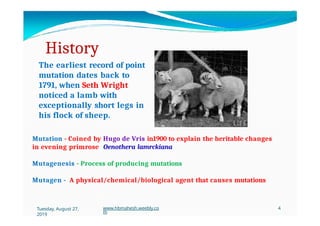 History
The earliest record of point
mutation dates back to
1791, when Seth Wright
noticed a lamb with
exceptionally short legs in
his flock of sheep.
Tuesday, August 27,
2019
www.hbmahesh.weebly.co
m
4
Mutation - Coined by Hugo de Vris in1900 to explain the heritable changes
in evening primrose Oenothera lamrckiana
Mutagenesis - Process of producing mutations
Mutagen - A physical/chemical/biological agent that causes mutations
 