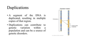 Duplications
• A segment of the DNA is
duplicated, resulting in multiple
copies of that region.
• Duplications can contribute to
genetic variation within a
population and can be a source of
genetic disorders.
 