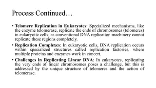 Process Continued…
• Telomere Replication in Eukaryotes: Specialized mechanisms, like
the enzyme telomerase, replicate the ends of chromosomes (telomeres)
in eukaryotic cells, as conventional DNA replication machinery cannot
replicate these regions completely.
• Replication Complexes: In eukaryotic cells, DNA replication occurs
within specialized structures called replication factories, where
multiple proteins and enzymes work in concert.
• Challenges in Replicating Linear DNA: In eukaryotes, replicating
the very ends of linear chromosomes poses a challenge, but this is
addressed by the unique structure of telomeres and the action of
telomerase.
 
