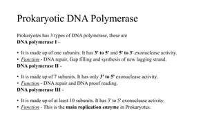 Prokaryotic DNA Polymerase
Prokaryotes has 3 types of DNA polymerase, these are
DNA polymerase I -
• It is made up of one subunits. It has 3' to 5' and 5' to 3' exonuclease activity.
• Function - DNA repair, Gap filling and synthesis of new lagging strand.
DNA polymerase II -
• It is made up of 7 subunits. It has only 3' to 5' exonuclease activity.
• Function - DNA repair and DNA proof reading.
DNA polymerase III -
• It is made up of at least 10 subunits. It has 3' to 5' exonuclease activity.
• Function - This is the main replication enzyme in Prokaryotes.
 