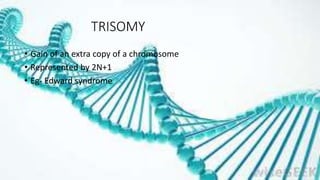 TRISOMY
• Gain of an extra copy of a chromosome
• Represented by 2N+1
• Eg- Edward syndrome
 