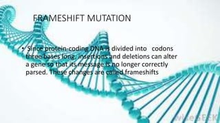 FRAMESHIFT MUTATION
• Since protein-coding DNA is divided into codons
three bases long, insertions and deletions can alter
a gene so that its message is no longer correctly
parsed. These changes are called frameshifts
 