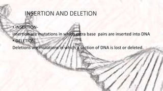 INSERTION AND DELETION
• INSERTION-
insertion are mutations in which extra base pairs are inserted into DNA
• DELETION-
Deletions are mutations in which a section of DNA is lost or deleted.
 