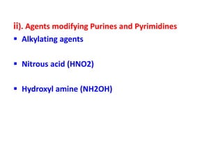 ii). Agents modifying Purines and Pyrimidines
 Alkylating agents
 Nitrous acid (HNO2)
 Hydroxyl amine (NH2OH)
 