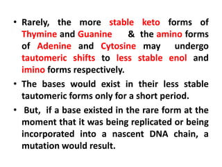 • Rarely, the more stable keto forms of
Thymine and Guanine & the amino forms
of Adenine and Cytosine may undergo
tautomeric shifts to less stable enol and
imino forms respectively.
• The bases would exist in their less stable
tautomeric forms only for a short period.
• But, if a base existed in the rare form at the
moment that it was being replicated or being
incorporated into a nascent DNA chain, a
mutation would result.
 