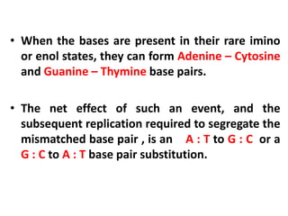 • When the bases are present in their rare imino
or enol states, they can form Adenine – Cytosine
and Guanine – Thymine base pairs.
• The net effect of such an event, and the
subsequent replication required to segregate the
mismatched base pair , is an A : T to G : C or a
G : C to A : T base pair substitution.
 