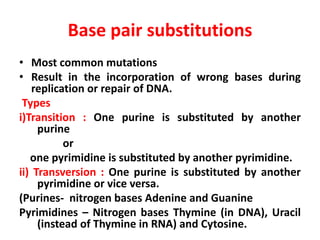 Base pair substitutions
• Most common mutations
• Result in the incorporation of wrong bases during
replication or repair of DNA.
Types
i)Transition : One purine is substituted by another
purine
or
one pyrimidine is substituted by another pyrimidine.
ii) Transversion : One purine is substituted by another
pyrimidine or vice versa.
(Purines- nitrogen bases Adenine and Guanine
Pyrimidines – Nitrogen bases Thymine (in DNA), Uracil
(instead of Thymine in RNA) and Cytosine.
 