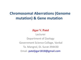 ChromosomaI Aberrations (Genome
mutation) & Gene mutation
Jigar V. Patel
Lecturer
Department of Zoology
Government Science Collage, Vankal
Ta. Mangrol, Di. Surat-394430
Email. pateljigar1818@gmail.com
 