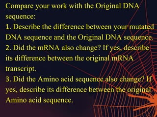 Compare your work with the Original DNA
sequence:
1. Describe the difference between your mutated
DNA sequence and the Original DNA sequence.
2. Did the mRNA also change? If yes, describe
its difference between the original mRNA
transcript.
3. Did the Amino acid sequence also change? If
yes, describe its difference between the original
Amino acid sequence.
 