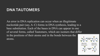 DNATAUTOMERS
An error in DNA replication can occur when an illegitimate
nucleotide pair (say, A–C) forms in DNA synthesis, leading to a
base substitution. Each of the bases in DNA can appear in one
of several forms, called Tautomers, which are isomers that differ
in the positions of their atoms and in the bonds between the
atoms.
 