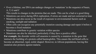• Over a lifetime, our DNA can undergo changes or ‘mutations’ in the sequence of bases,
A, T, G and C
This results to changes in the proteins that are made. This can be a bad or a good thing
• Mutations can occur during DNA replication, if errors are made and not corrected in time
• Mutations can also occur as the result of exposure to environmental factors such as
smoking, sunlight and radiation
• Often cells can recognize any potentially mutation-causing damage and repair it before it
becomes a fixed mutation
• Mutations contribute to genetic variation within species
• Mutations can also be inherited, particularly if they have a positive effect
For example, the disorder sickle cell anaemia is caused by a mutation in the gene that
instructs the building of a protein called haemoglobin. This causes the red blood cells to
become an abnormal, rigid, sickle shaped. However, in African populations, having this
mutation also protects against malaria.
 