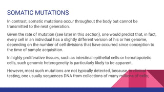 SOMATIC MUTATIONS
In contrast, somatic mutations occur throughout the body but cannot be
transmitted to the next generation.
Given the rate of mutation (see later in this section), one would predict that, in fact,
every cell in an individual has a slightly different version of his or her genome,
depending on the number of cell divisions that have occurred since conception to
the time of sample acquisition.
In highly proliferative tissues, such as intestinal epithelial cells or hematopoietic
cells, such genomic heterogeneity is particularly likely to be apparent.
However, most such mutations are not typically detected, because, in clinical
testing, one usually sequences DNA from collections of many millions of cells;
 