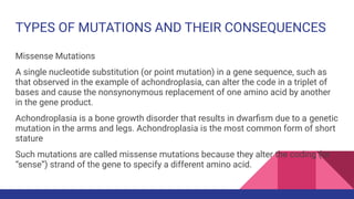 TYPES OF MUTATIONS AND THEIR CONSEQUENCES
Missense Mutations
A single nucleotide substitution (or point mutation) in a gene sequence, such as
that observed in the example of achondroplasia, can alter the code in a triplet of
bases and cause the nonsynonymous replacement of one amino acid by another
in the gene product.
Achondroplasia is a bone growth disorder that results in dwarﬁsm due to a genetic
mutation in the arms and legs. Achondroplasia is the most common form of short
stature
Such mutations are called missense mutations because they alter the coding (or
“sense”) strand of the gene to specify a different amino acid.
 