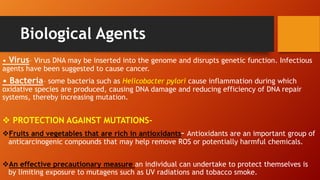 Biological Agents
• Virus– Virus DNA may be inserted into the genome and disrupts genetic function. Infectious
agents have been suggested to cause cancer.
• Bacteria– some bacteria such as Helicobacter pylori cause inflammation during which
oxidative species are produced, causing DNA damage and reducing efficiency of DNA repair
systems, thereby increasing mutation.
 PROTECTION AGAINST MUTATIONS-
Fruits and vegetables that are rich in antioxidants– Antioxidants are an important group of
anticarcinogenic compounds that may help remove ROS or potentially harmful chemicals.
An effective precautionary measure an individual can undertake to protect themselves is
by limiting exposure to mutagens such as UV radiations and tobacco smoke.
 