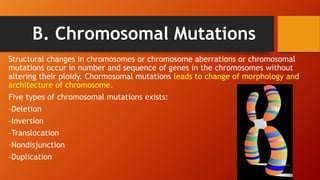 B. Chromosomal Mutations
Structural changes in chromosomes or chromosome aberrations or chromosomal
mutations occur in number and sequence of genes in the chromosomes without
altering their ploidy. Chormosomal mutations leads to change of morphology and
architecture of chromosome.
Five types of chromosomal mutations exists:
–Deletion
–Inversion
–Translocation
–Nondisjunction
–Duplication
 