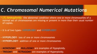 C. Chromosomal Numerical Mutations
• (1) Aneuploidy -the abnormal condition where one or more chromosomes of a
normal set of chromosomes are missing or present in more than their usual number
of copies.
• It is of two types- HYPOPLOIDY and HYPERPLOIDY
• HYPOPLOIDY- loss of one or more chromosomes
• HYPERPLOIDY- addition of one or more chromosomes
• MONOSOMY and NULLISOMY are examples of Hypoploidy.
• TRISOMY and TETRASOMY are examples of Hyperploidy.
 